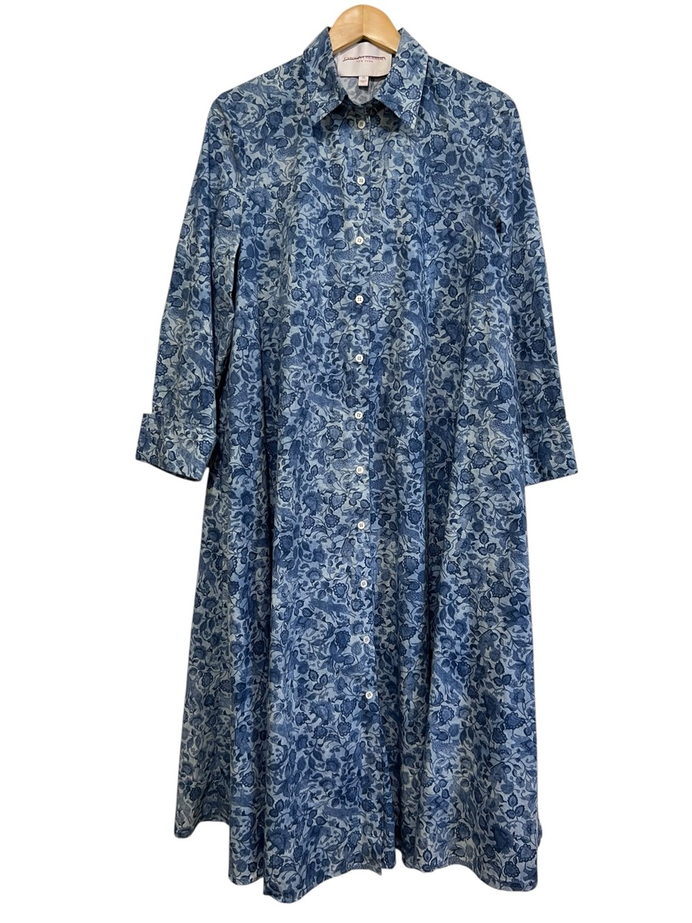 Carolina Herrera Blue Floral Long-Sleeve Midi Shirtdress Size 10 *Missing Tie*